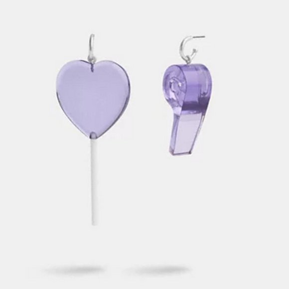 Coach Heart Lollipop And Whistle Mismatch Earrings Purple NWT - Picture 1 of 7